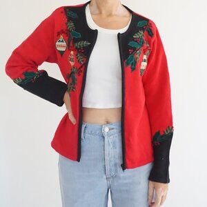 Crystal-Kobe Red Embroidered Holly Ornament Cotton Knit Zip Christmas Cardigan M